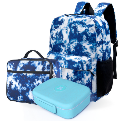 Kids Backpack and Lunch Box Set with Bento Box, Blue Tie Dye, Gives Back to Great Cause, 17 Inches