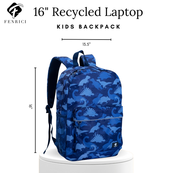 16" Blue Dinosaur Backpack with Laptop Compartment, Buy One-Give Two