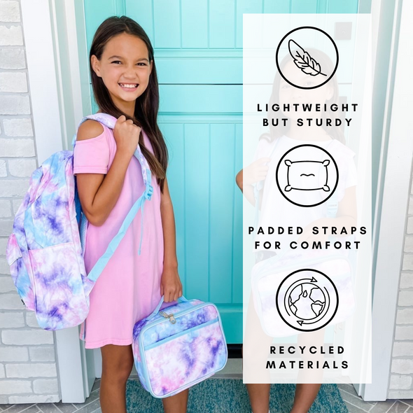 Kids Backpack and Lunch Box Set with Bento Box, Pastel Pink Tie Dye Backpack Set, Gives Back to a Great Cause, 17 Inches