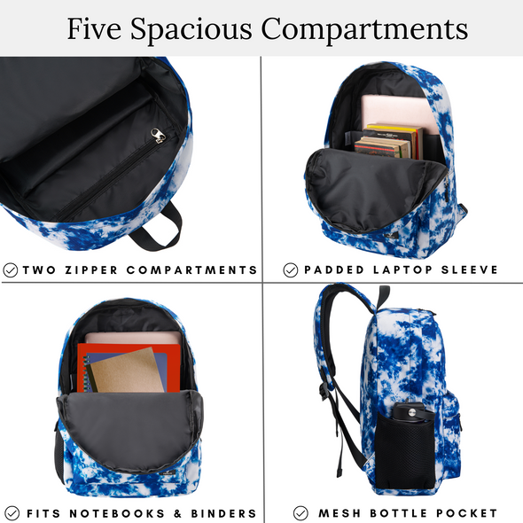 17" Blue Tie Dye Kids Backpack with Laptop Compartment, Buy One-Give Two