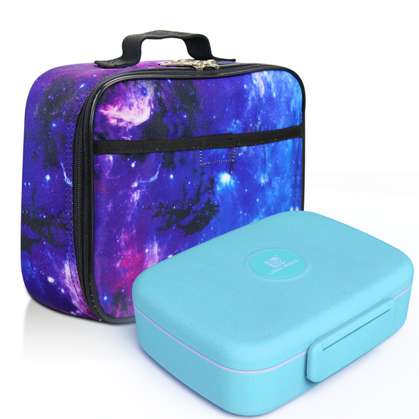Kids Two Piece Lunch Box and Bento Box Set, Insulated, Gives Back to a Great Cause, Purple Galaxy and Blue