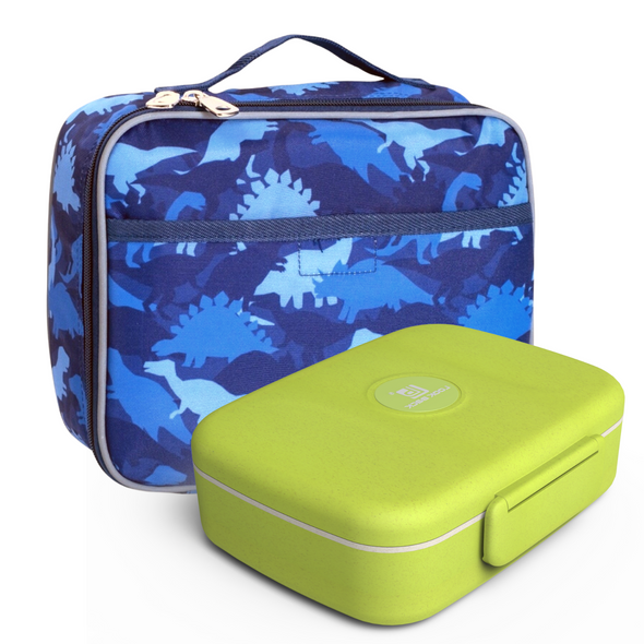 Kids Two Piece Lunch Box and Bento Box Set, Insulated, Gives Back to a Great Cause, Blue Dino and Green