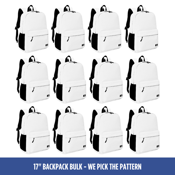 Bulk (12 Units) 17" Any Pattern Backpack with Laptop Compartment, Buy One-Give Two (Buy 12-Give 24)