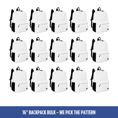 Bulk (15 Units) 16" Any Pattern Backpack with Laptop Compartment, Double Your Donation (Buy 15-Give 30)