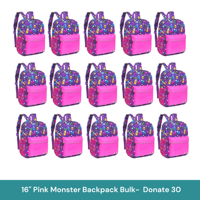 Bulk (15 Units) 16" Pink Monster Backpack with Laptop Compartment, Double Your Donation (Buy 15 - Give 30)