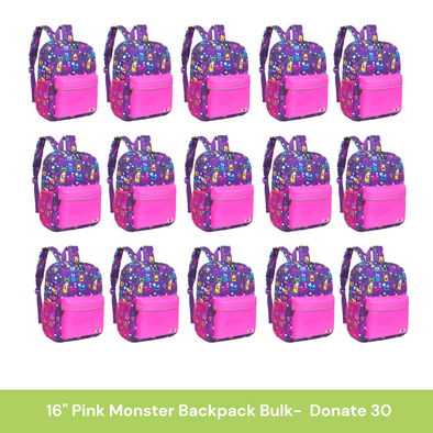 Bulk (15 Units) 16" Pink Monster Backpack with Laptop Compartment, Double Your Donation (Buy 15 - Give 30)