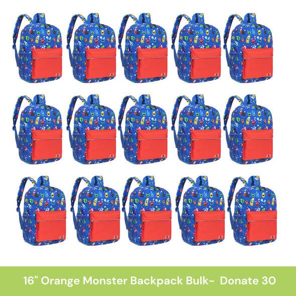 Bulk (15 Units) 16" Orange Monster Backpack with Laptop Compartment, Double Your Donation (Buy 15 - Give 30)