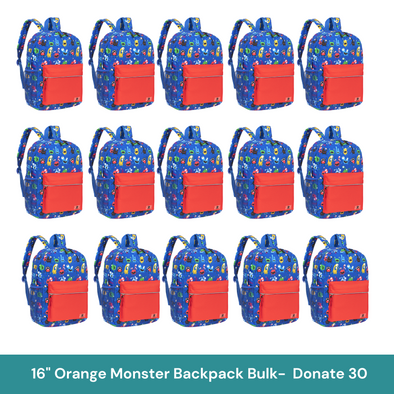 Bulk (15 Units) 16" Orange Monster Backpack with Laptop Compartment, Double Your Donation (Buy 15 - Give 30)