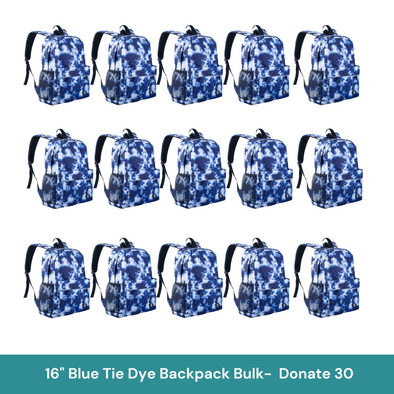 Bulk (15 Units) 16" Blue Tie Dye Backpack with Laptop Compartment, Double Your Donation (Buy 15 - Give 30)