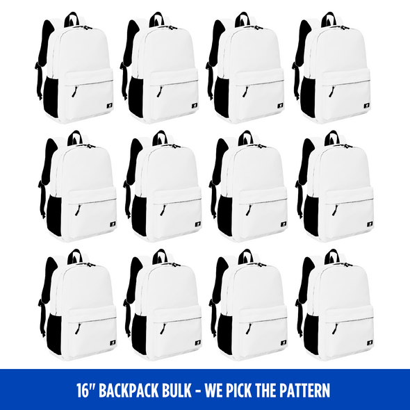 Bulk (15 Units) 16" Any Pattern Backpack with Laptop Compartment, Double Your Donation (Buy 15-Give 30)