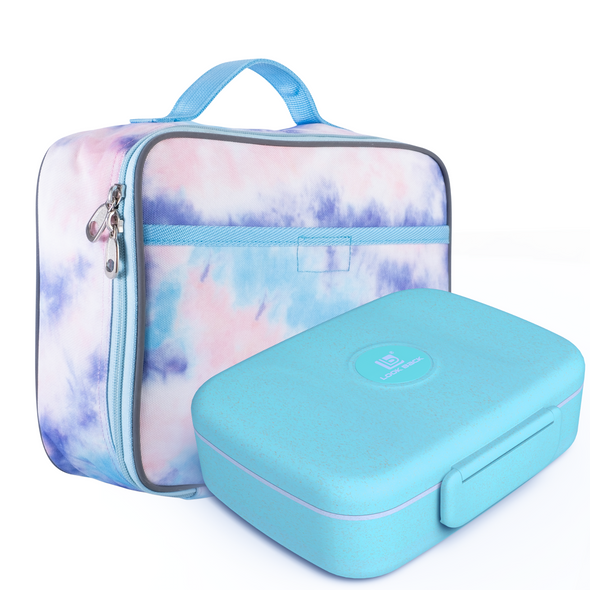 Kids Two Piece Lunch Box and Bento Box Set, Insulated, Gives Back to a Great Cause, Pastel Pink Tie Dye and Blue