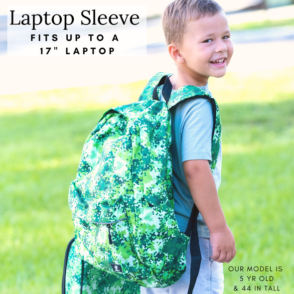Green Pixel Kids Backpack with Laptop Compartment, Durable, Gives Back to a Great Cause, 17 Inches