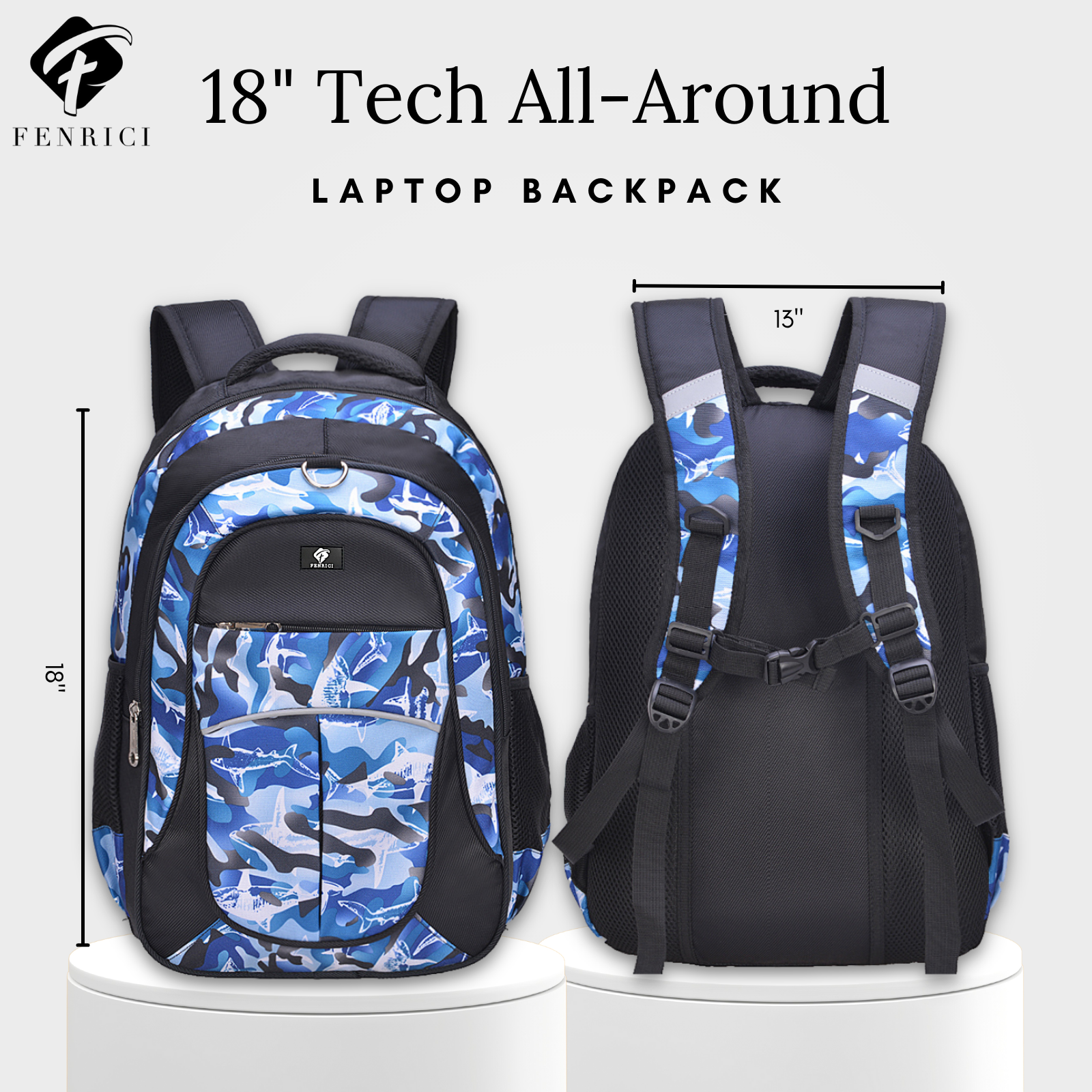 18 inch laptop waterproof backpack Shark Backpack with Laptop Compartment, Blue Backpack, Durable, Gives – Fenrici Brands