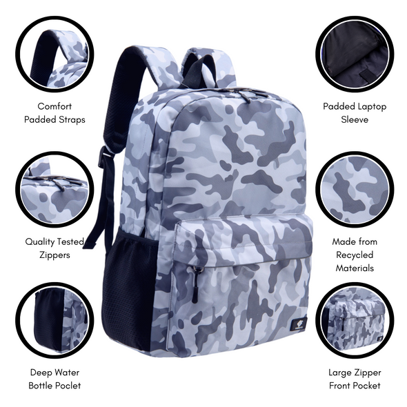Kids Backpack and Lunch Box Set, Camo, Gray, Gives Back to Great Cause, 17 Inches