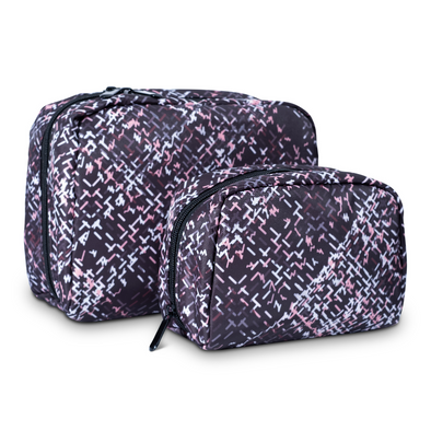 Fenrici Cosmetic Pouch Set, 2 Pack, 9" Large Pouch And 7" Small Cosmetic Bag, 6 Compartments With Zipper Pocket, Waterproof (Pink Tweed)