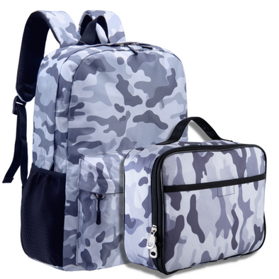 Kids Backpack and Lunch Box Set, Camo, Gray, Gives Back to Great Cause, 17 Inches