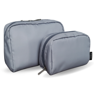 Fenrici Cosmetic Pouch Set, 2 Pack, 9" Large Pouch And 7" Small Cosmetic Bag, 6 Compartments With Zipper Pocket, Waterproof (Grey)
