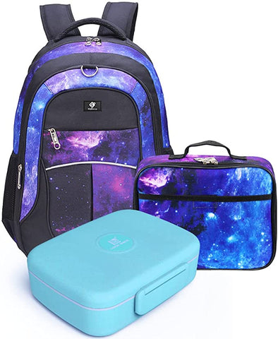 Kids Backpack and Lunch Box Set with Bento Box, Purple Galaxy, Gives Back to Great Cause, 18 Inches