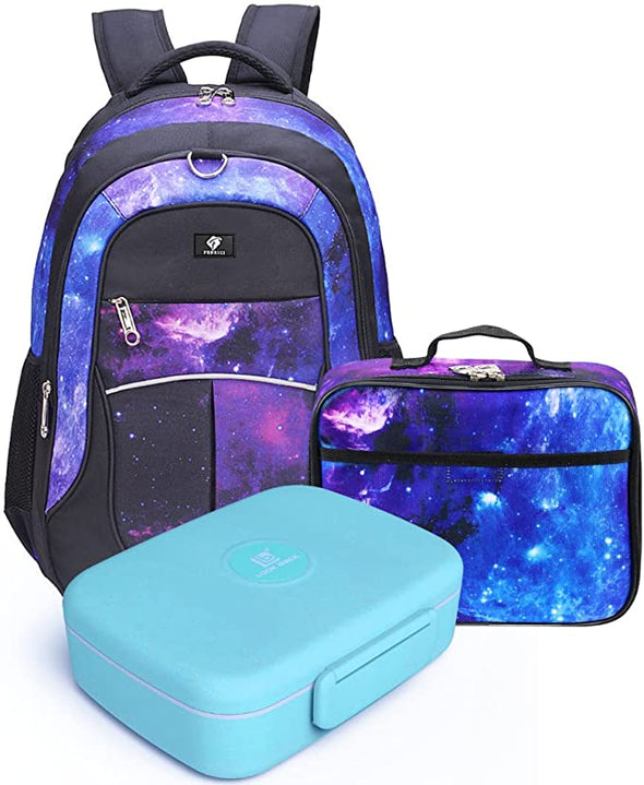 Kids Backpack and Lunch Box Set with Bento Box, Purple Galaxy, Gives Back to Great Cause, 18 Inches