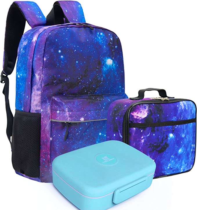 Kids Backpack and Lunch Box Set with Bento Box, Purple Galaxy