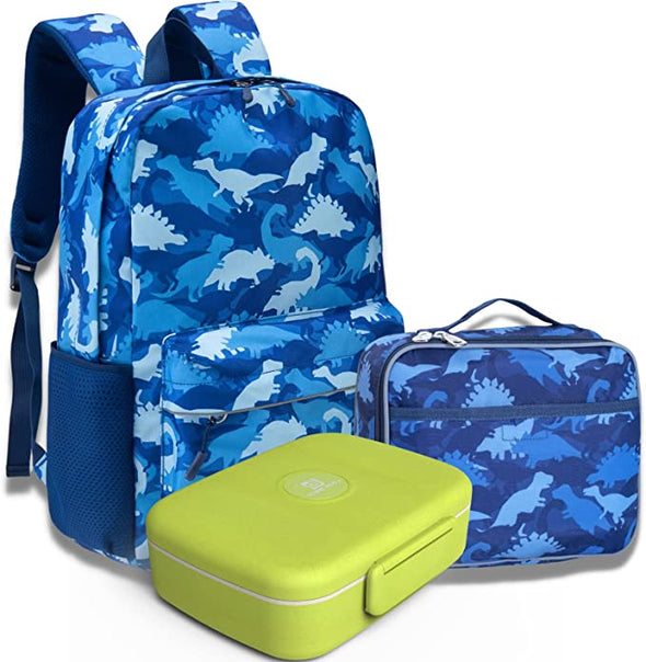 Kids Backpack and Lunch Box Set with Bento Box, Blue Dino, Gives Back to Great Cause, 17 Inches