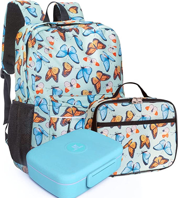 Kids Backpack and Lunch Box Set with Bento Box, Green Butterfly, Gives Back to Great Cause, 17 Inches