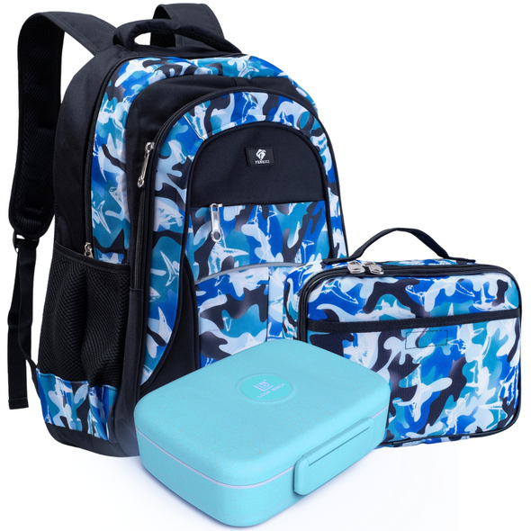 Kids Backpack and Lunch Box Set with Bento Box, Blue Shark, Gives Back to Great Cause, 18 Inches