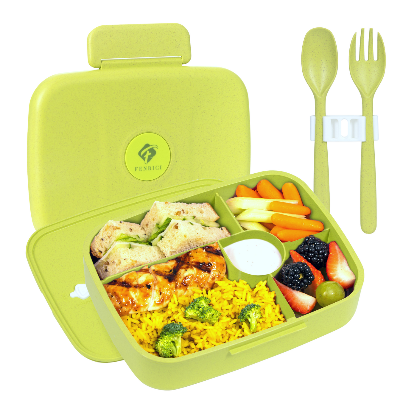 Bento Lunchbox Leakproof with 5 Compartments, Green White