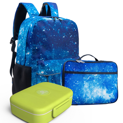Kids Backpack and Lunch Box Set with Bento Box, Blue Galaxy, Gives Back to Great Cause, 17 Inches