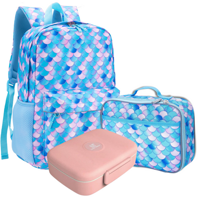 Kids Backpack and Lunch Box Set with Bento Box, Aqua Mermaid, Gives Back to Great Cause, 17 Inches