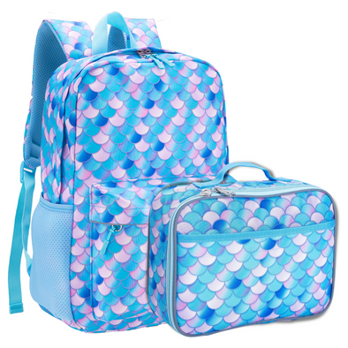 Kids Backpack and Lunch Bag Set for Girls, Boys, and Teens by Fenrici, School Bag and Lunch Box with Insulation - Aqua Mermaid