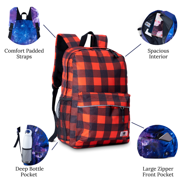 Red Buffalo Check Plaid Kids Backpack with Laptop Compartment, Durable, Gives Back to a Great Cause, 16 Inches